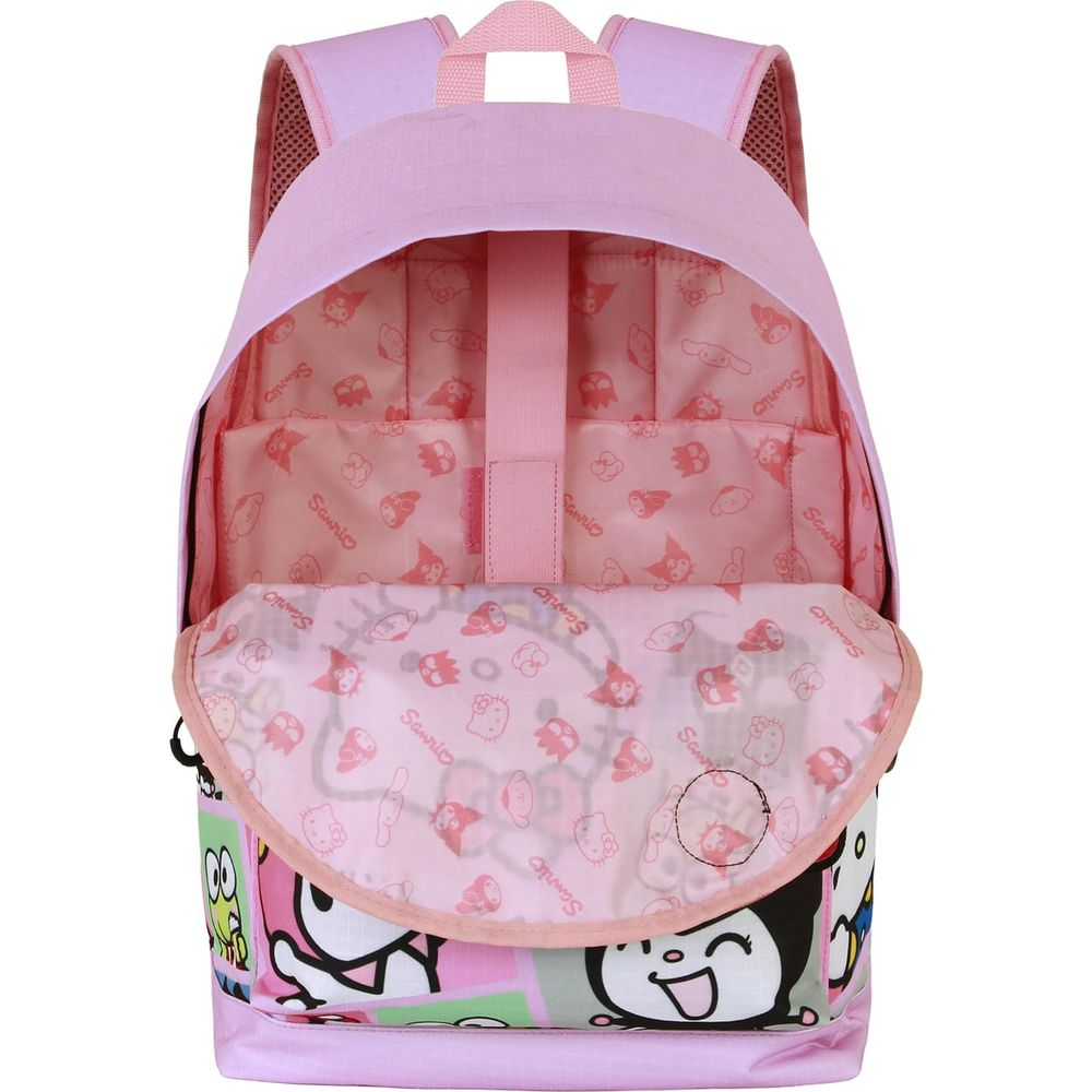 Una mochila rosa adornada con personajes de Sanrio, por dentro y por fuera.