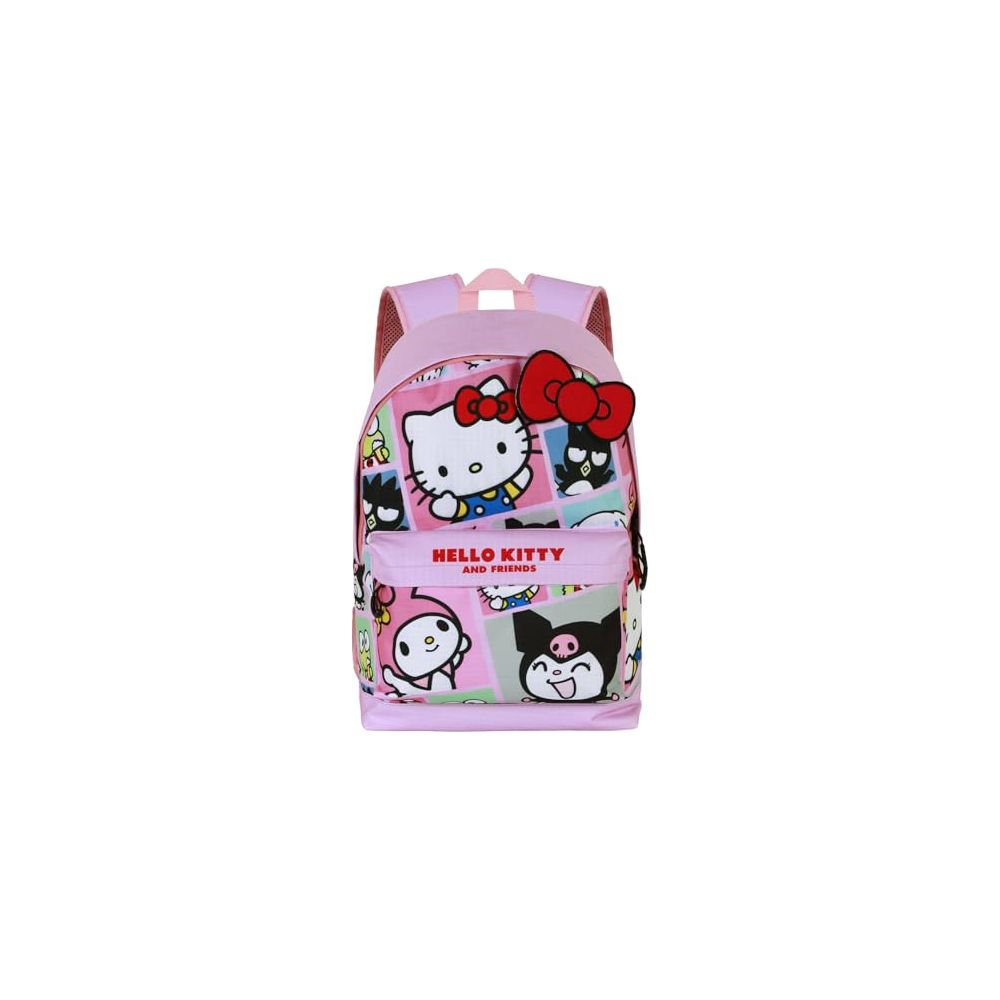 Una mochila rosa con Hello Kitty y amigos.