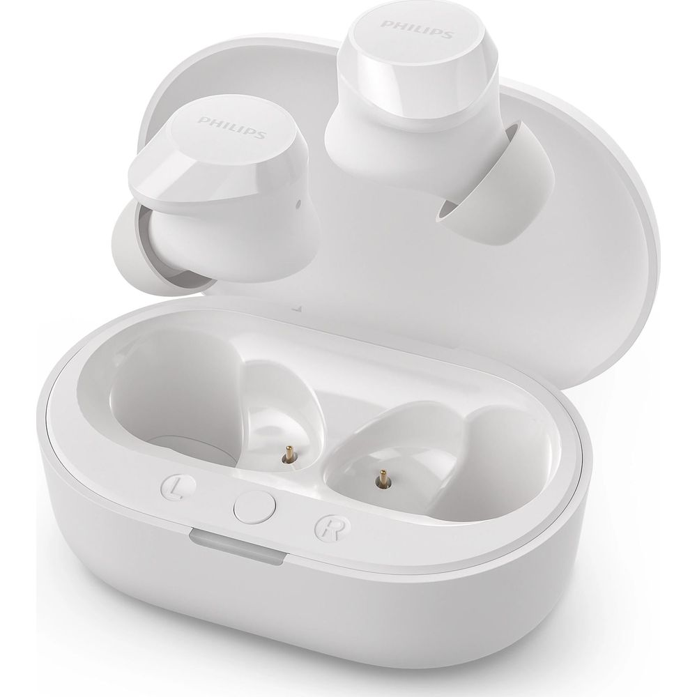 Witte Philips oordopjes met oplaadcase, één erin, één ernaast.