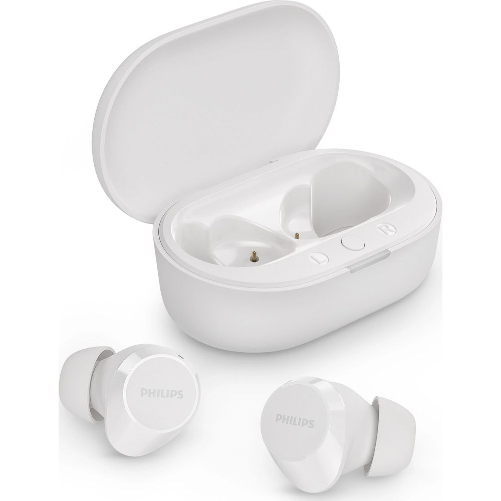 Witte Philips oordopjes met oplaadcase. Eén links, één rechts.