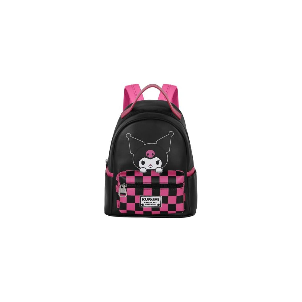 Ein schwarzer Rucksack mit Kuromi-Motiv und pinken Trägern.