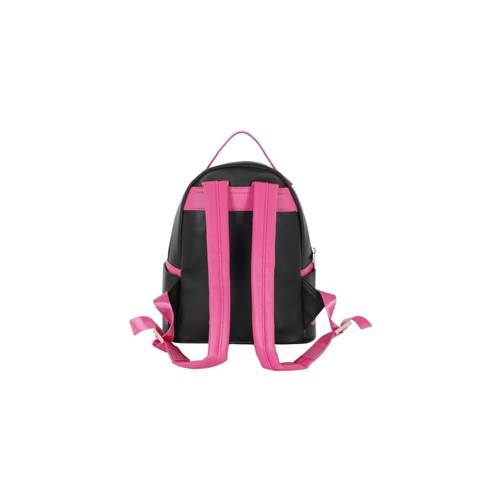 Ein kleiner schwarzer Rucksack mit rosa Trägern und Akzenten.