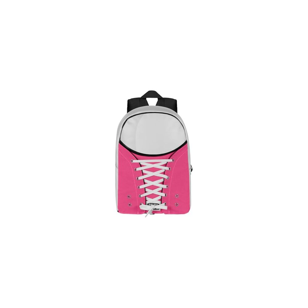 Una mochila rosa con diseño de cordones y detalles blancos.