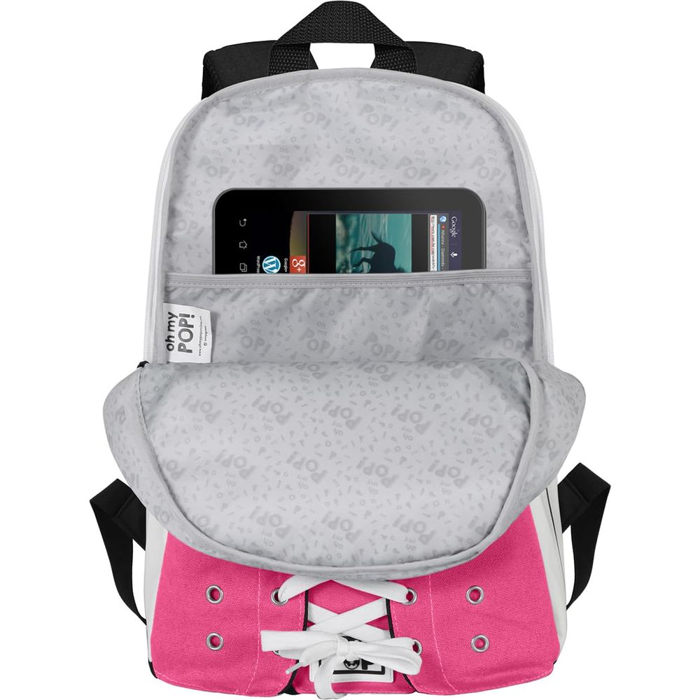 Una mochila rosa con un compartimento abierto que contiene una tablet.