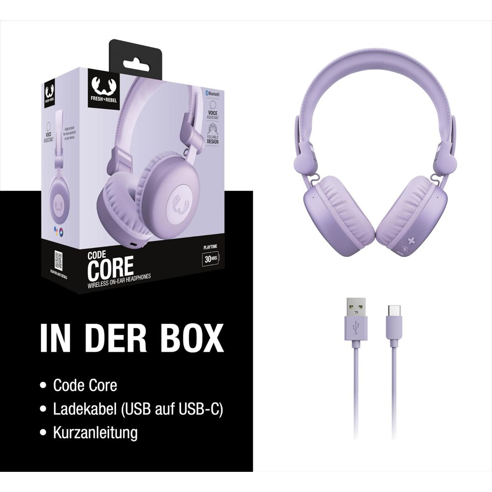 Lila Kopfhörer mit Verpackung und Ladekabel. Enthält Code Core Kopfhörer.