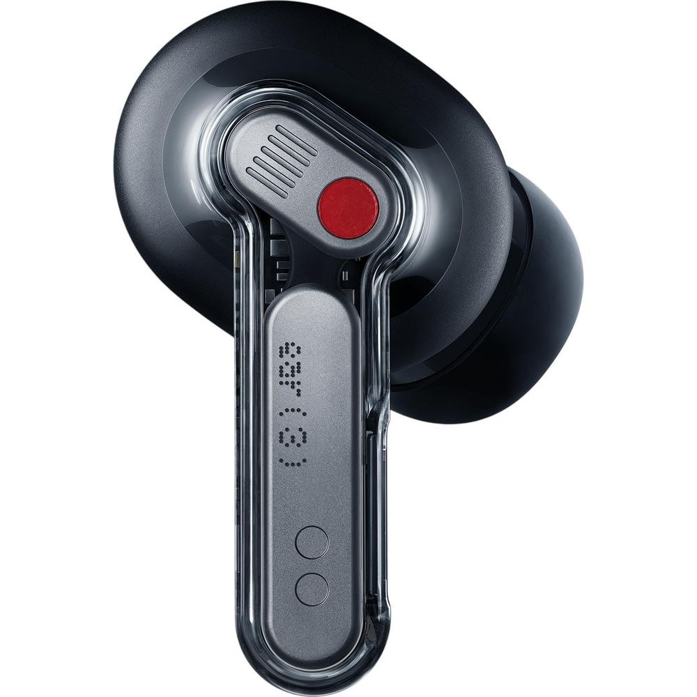 Czarny pączek ze przezroczystą obudową i czerwonym przyciskiem.