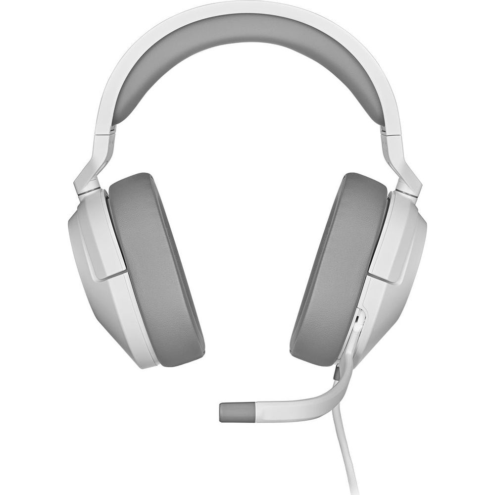 White over-ear headphones with gray earcups and a microphone.