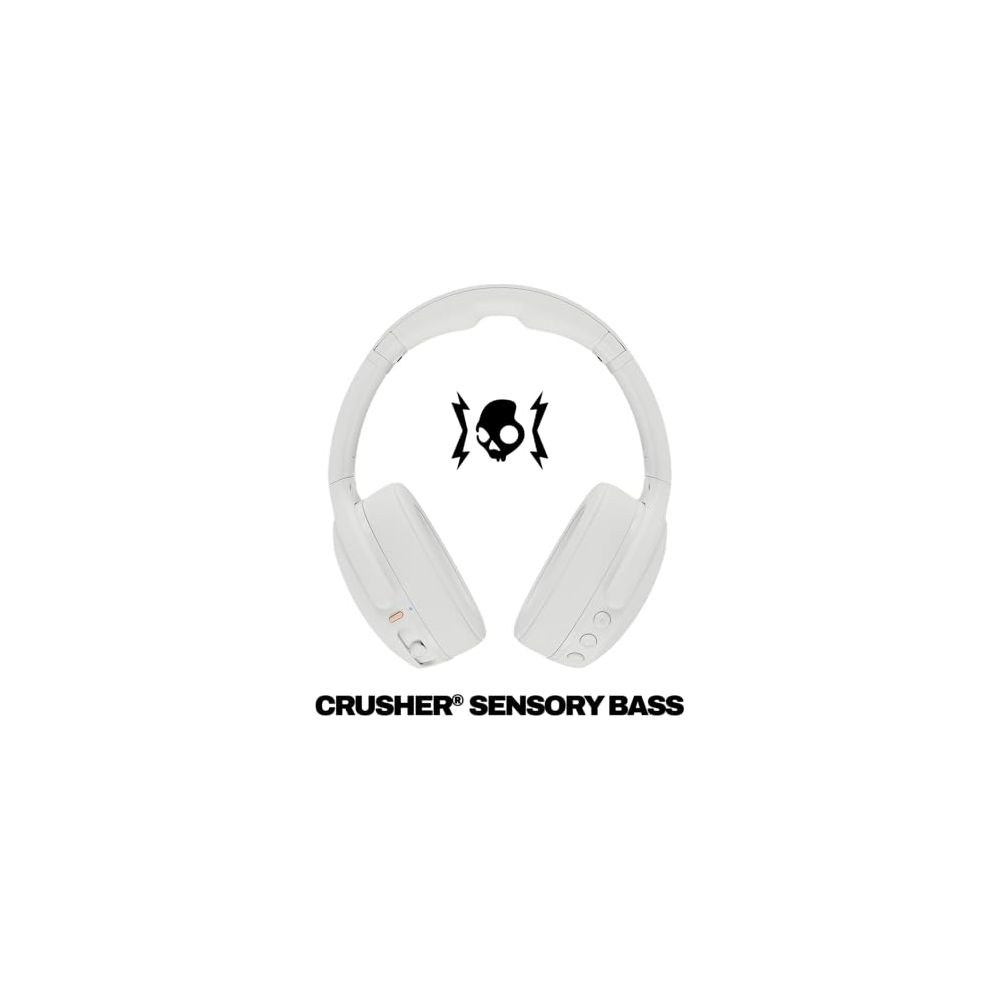 Kafatası logolu beyaz kulaklık ve "CRUSHER® SENSORY BASS" yazısı.