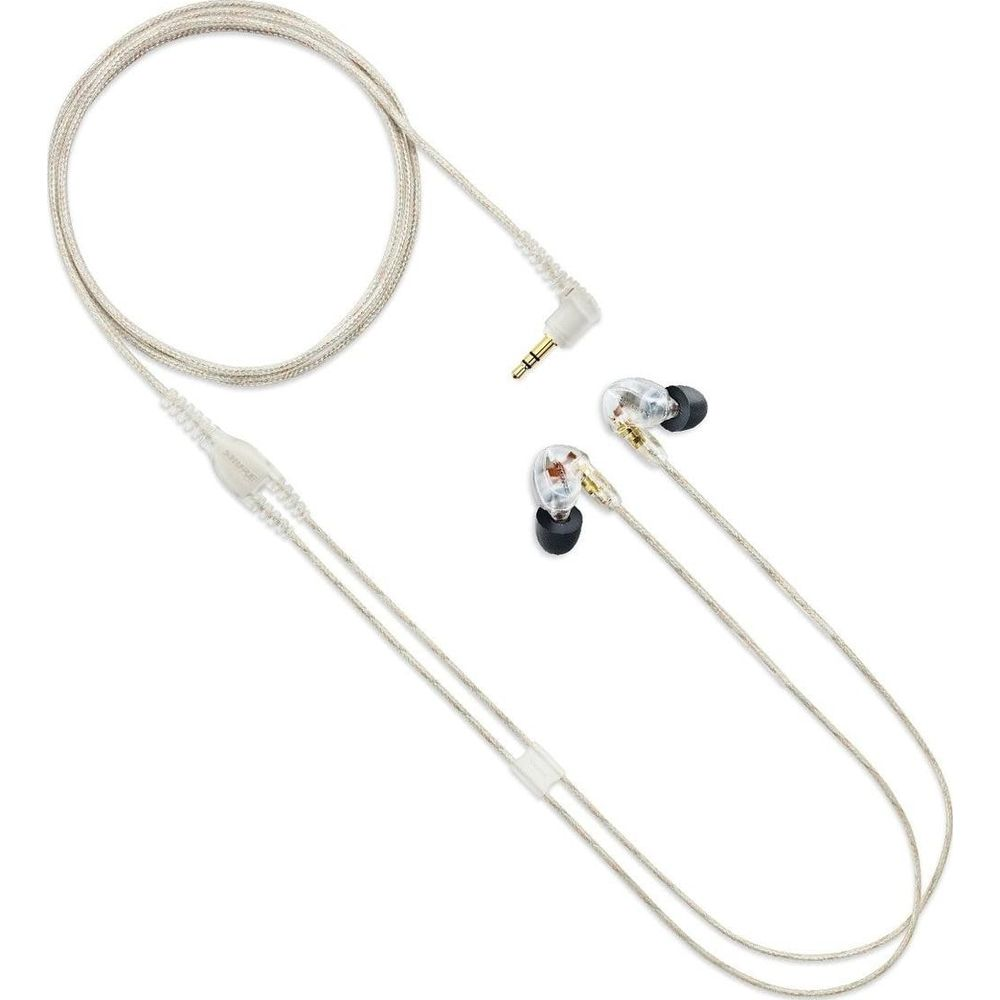 Auricolari trasparenti con cavo argentato e jack da 3,5 mm su sfondo bianco.