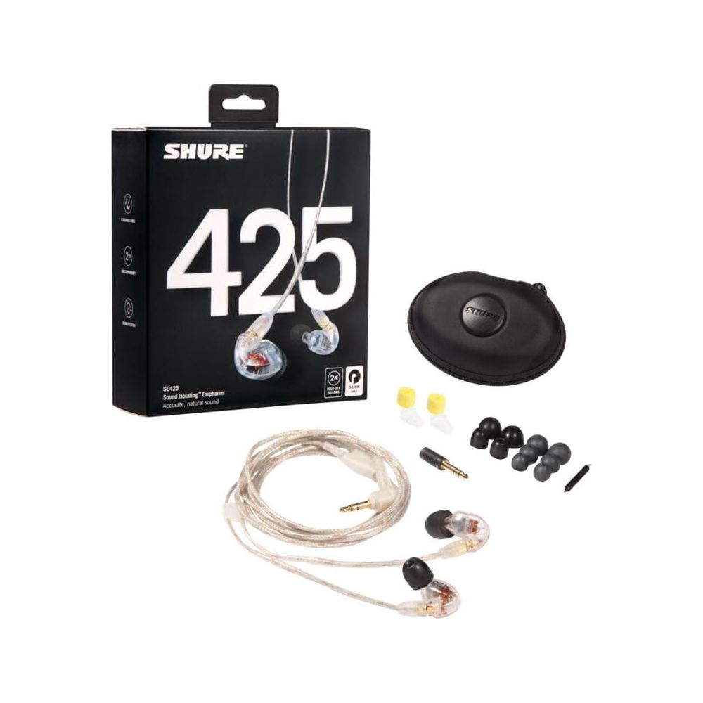 Auricolari Shure SE425 con accessori e confezione.