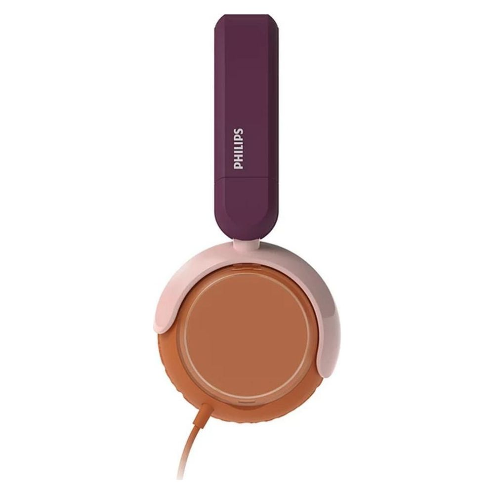 Fioletowe słuchawki nauszne z brązowymi i jasnoróżowymi nausznikami.