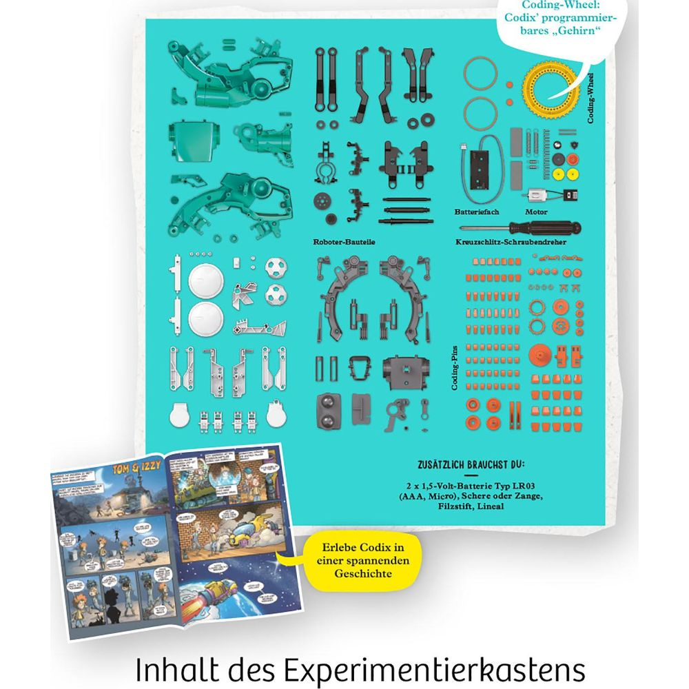 Übersicht über die Teile eines Experimentierkastens für Roboter, mit Comic-Heft.