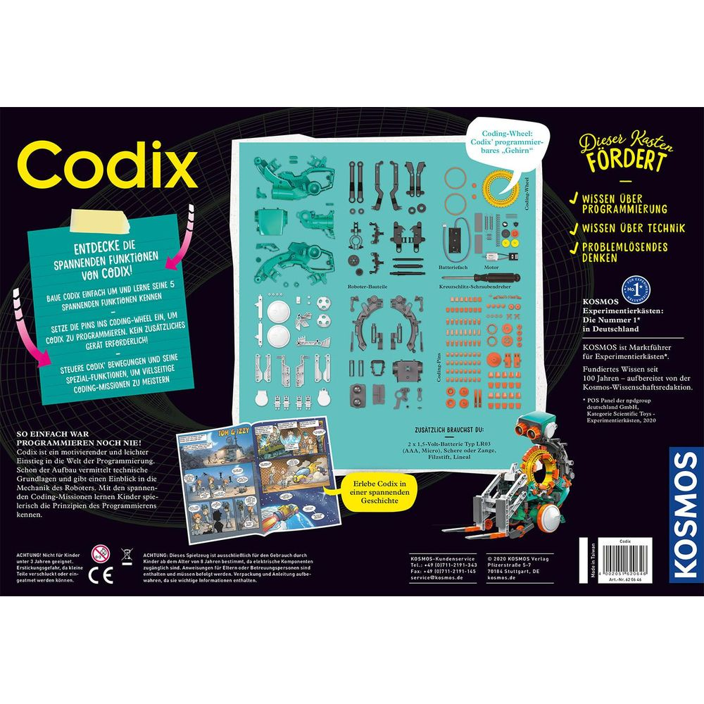Verpackung für ein Codix Roboter-Experimentier-Set mit Teilen und Anleitungen.