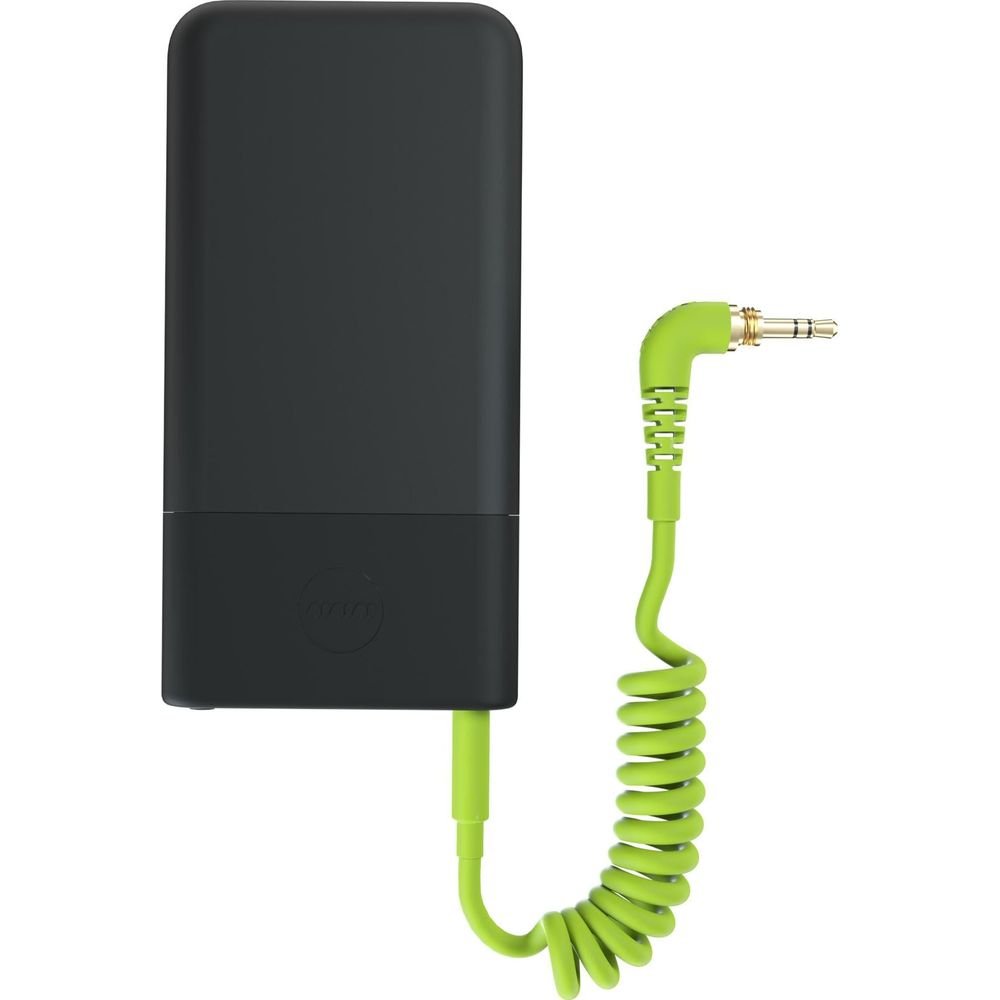 Ein schwarzes rechteckiges Gerät mit einem gewundenen, neongrünen Kabel und einem 3,5-mm-Stecker.