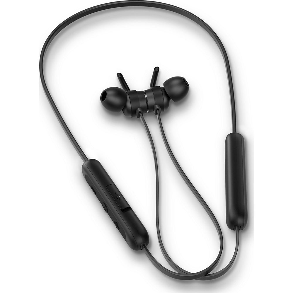 Czarne słuchawki z pałąkiem na szyję, wkładkami dousznymi i pilotem.