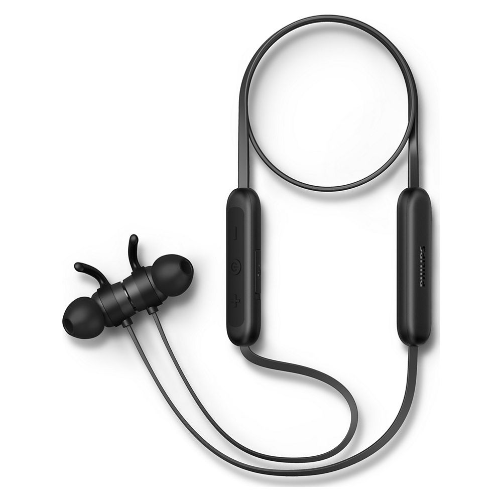 Czarne słuchawki bezprzewodowe z pałąkiem na szyję i przyciskami sterowania.