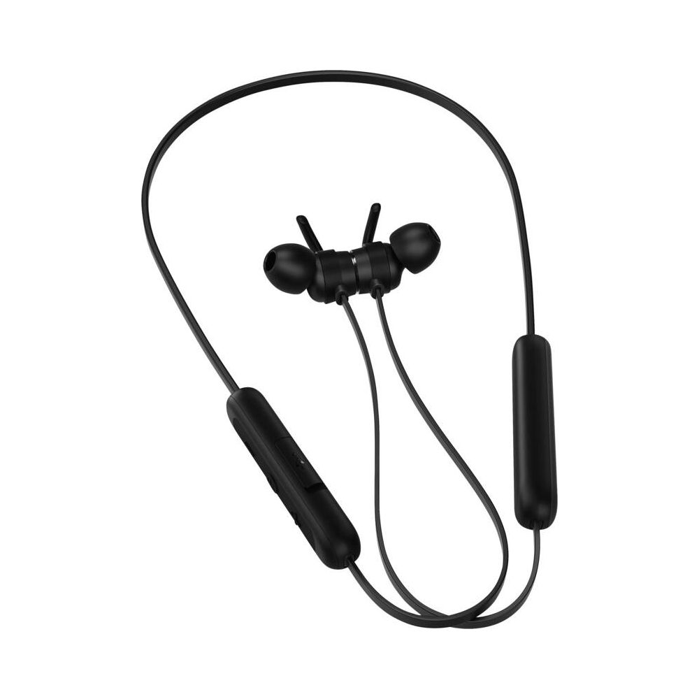 Czarne słuchawki z pałąkiem na szyję, wkładkami dousznymi i panelem sterowania.