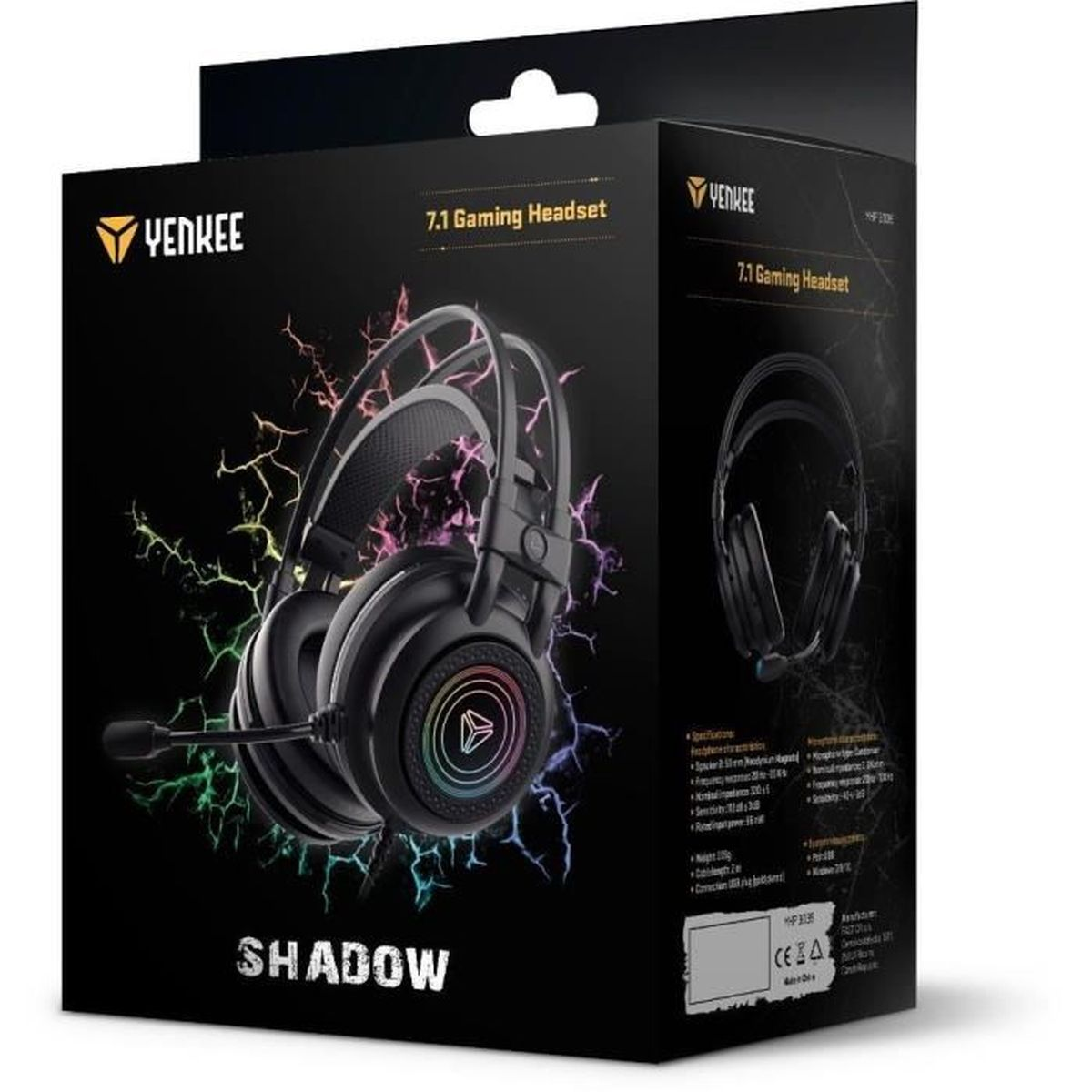 Verpackung eines schwarzen Gaming-Headsets mit Regenbogenlicht und dem Wort SHADOW.