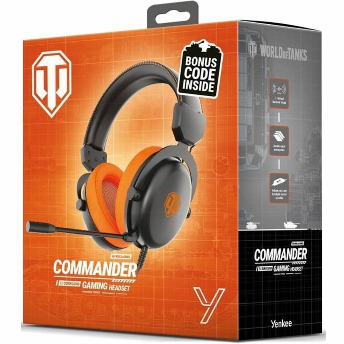 Verpackung für ein schwarzes und oranges Gaming-Headset mit Mikrofon.