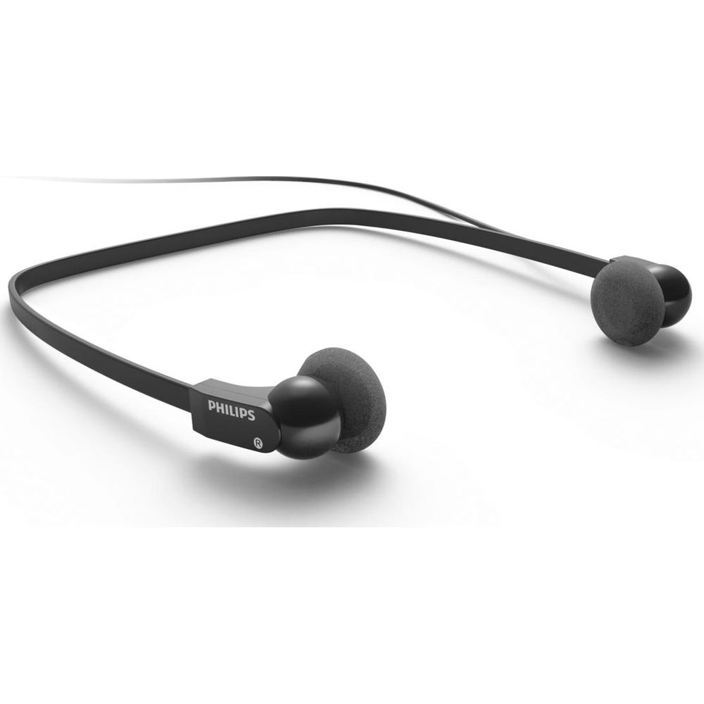 Czarne słuchawki Philips z piankowymi nakładkami na białym tle.