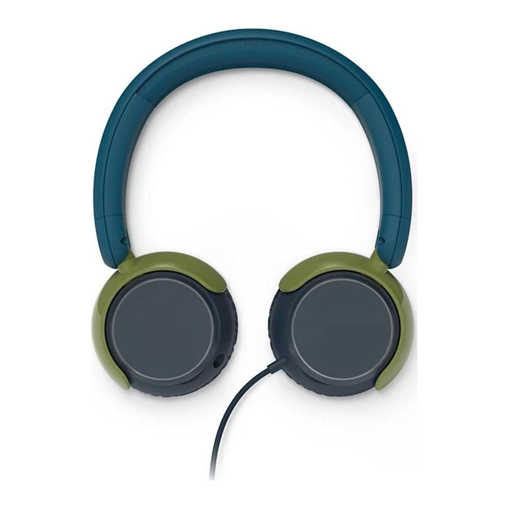 Słuchawki z niebieskim pałąkiem i zielonymi nausznikami na białym tle.