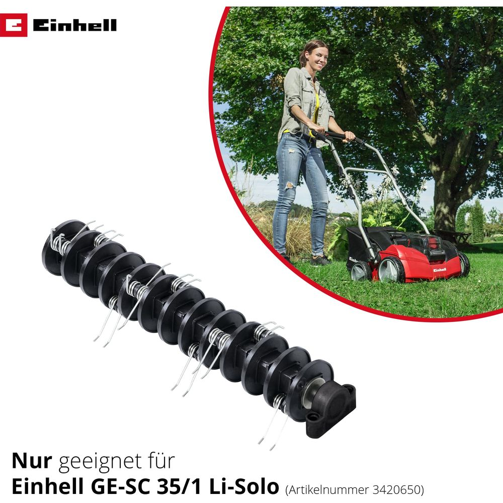 Einhell Rasenlüfterwalze und Frau mit Rasenmäher im Garten.