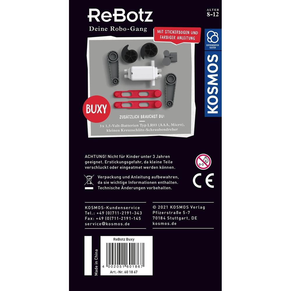 Emballage ReBotz Buxy avec pièces de robot, instructions et avertissements.