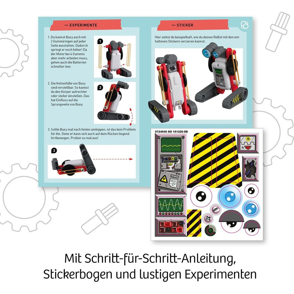 Instructions et autocollants pour un robot à roues et chenilles.