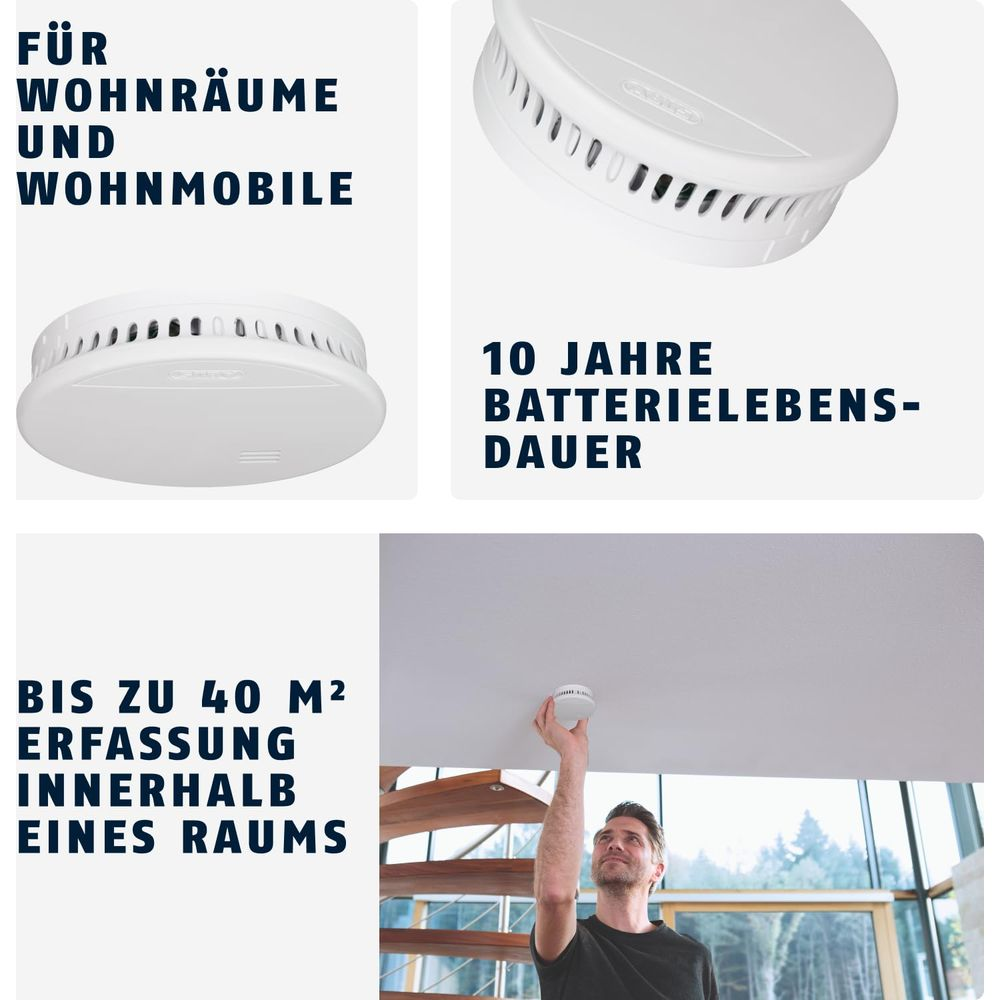 Rauchmelder für Wohnräume und Wohnmobile mit 10 Jahren Batterielaufzeit.
