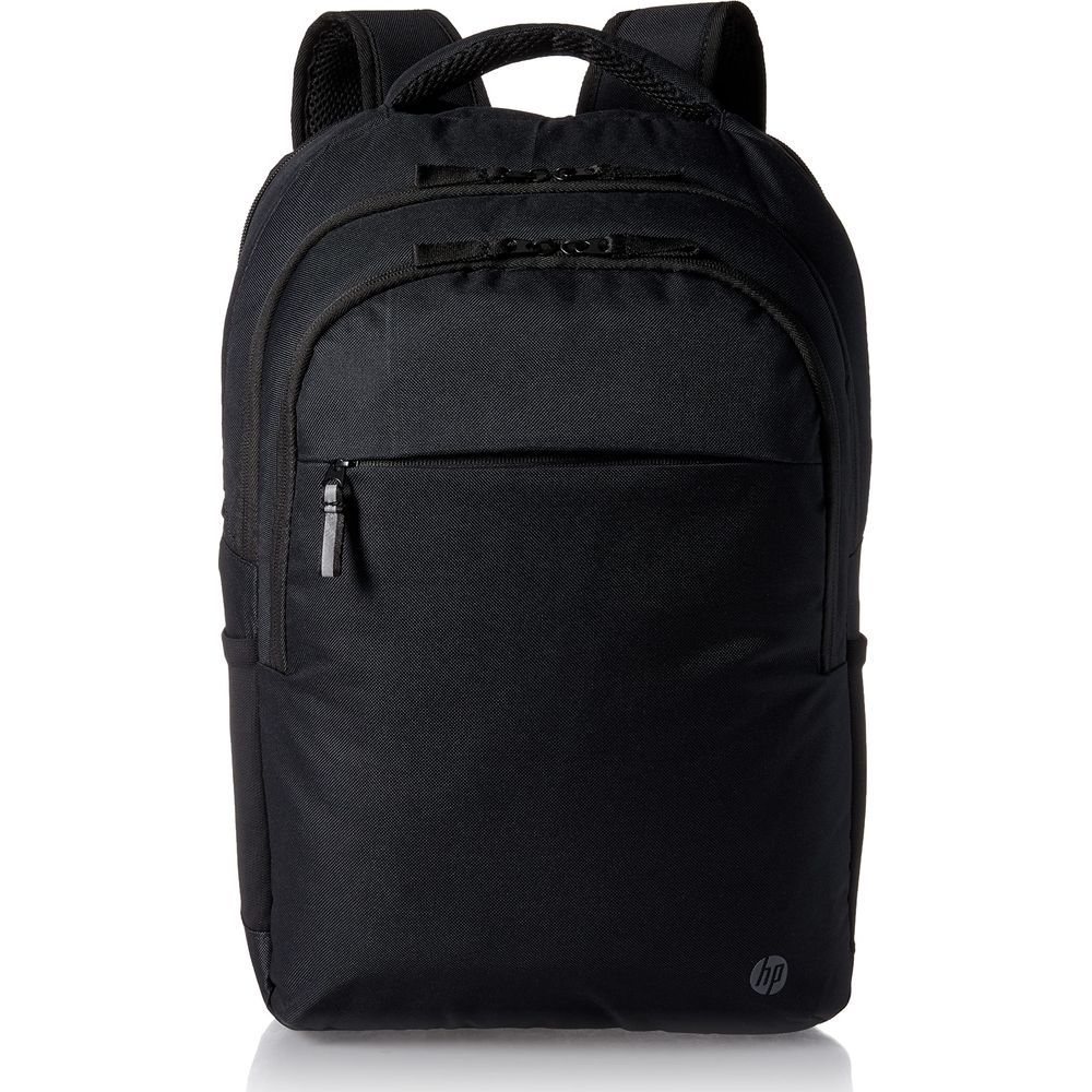 Mochila negra con múltiples compartimentos y correas acolchadas. Logo de HP abajo a la derecha.