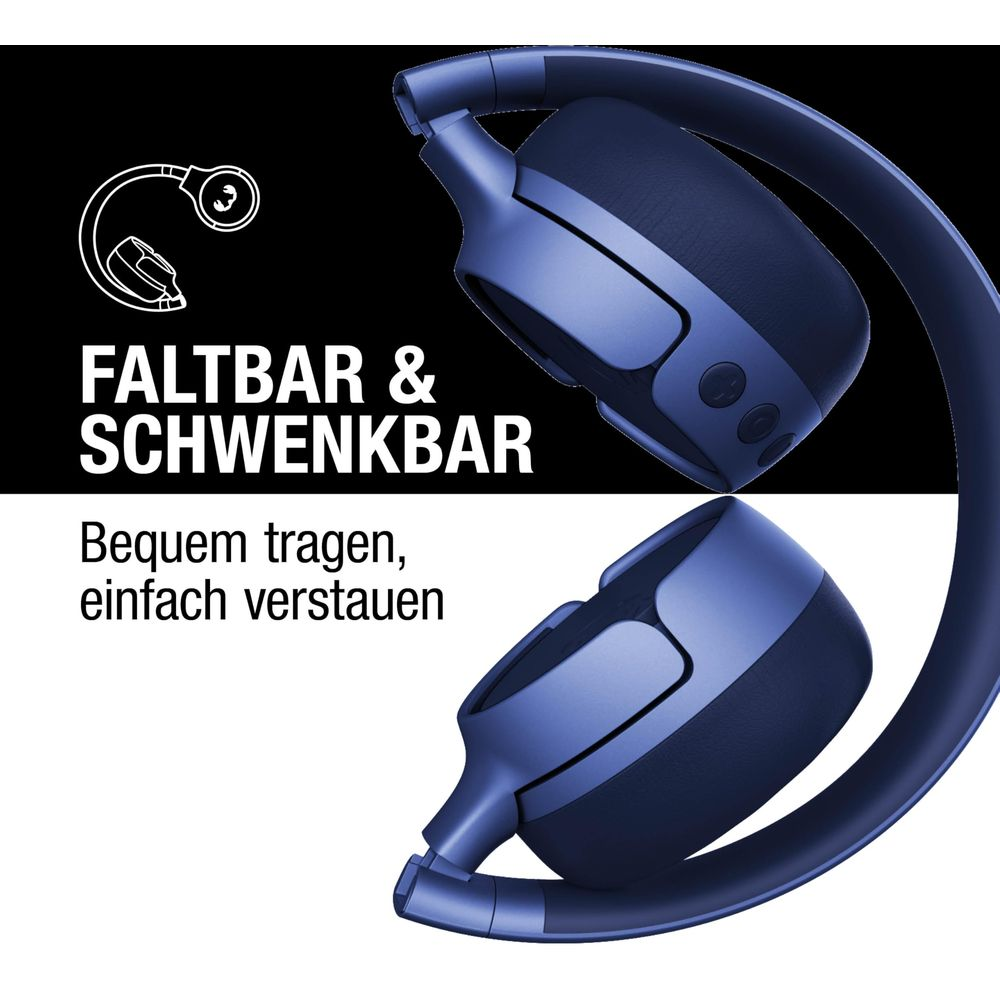 Blaue faltbare Kopfhörer mit Text: Faltbar & Schwenkbar.