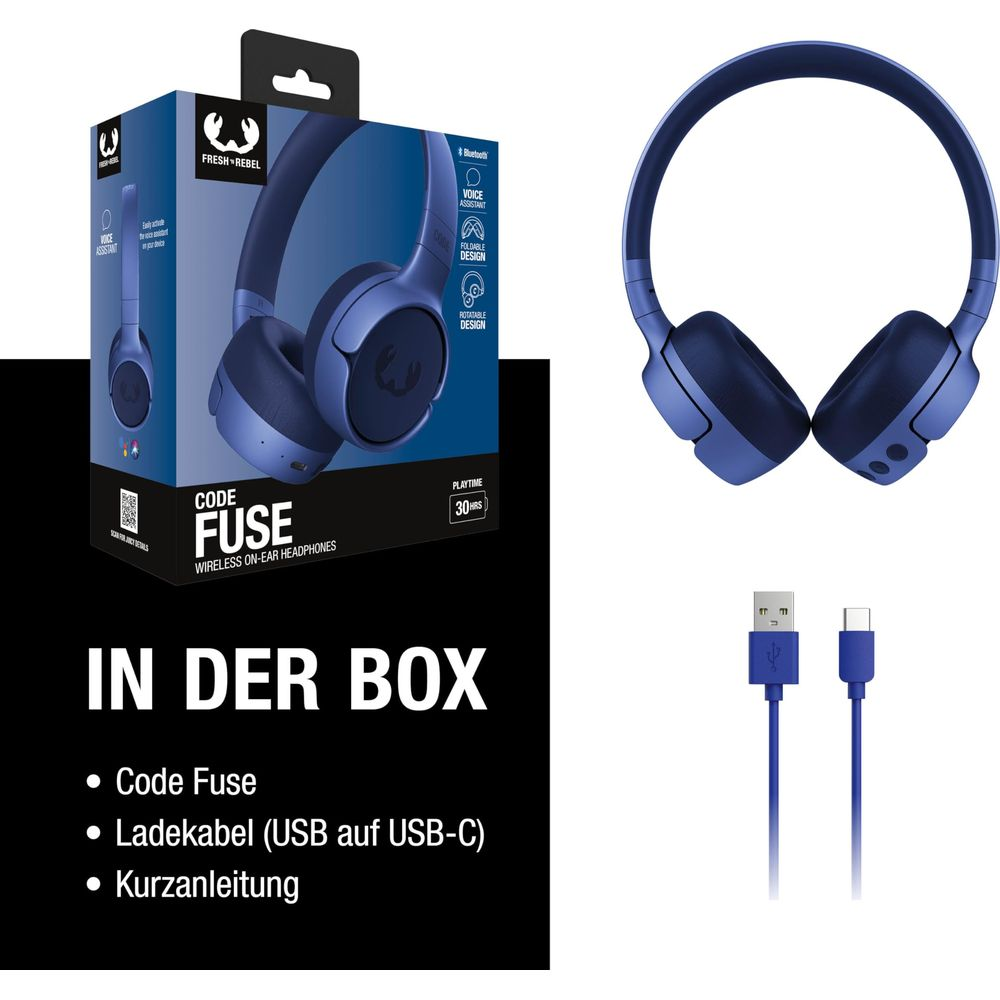 Blaue "Code Fuse" Kopfhörer mit Verpackung und Ladekabel.