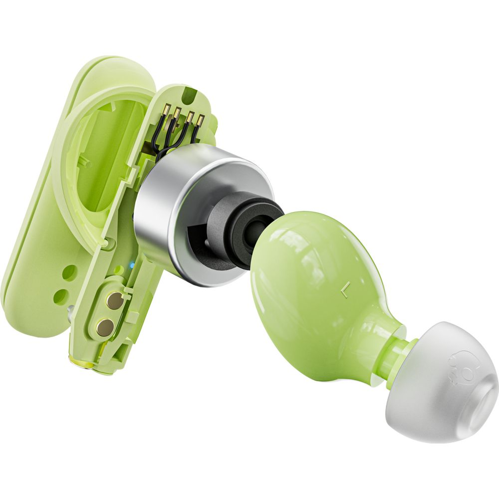 Widok rozstrzelony jasnej zielonej słuchawki, pokazujący metalowe części i przewody.