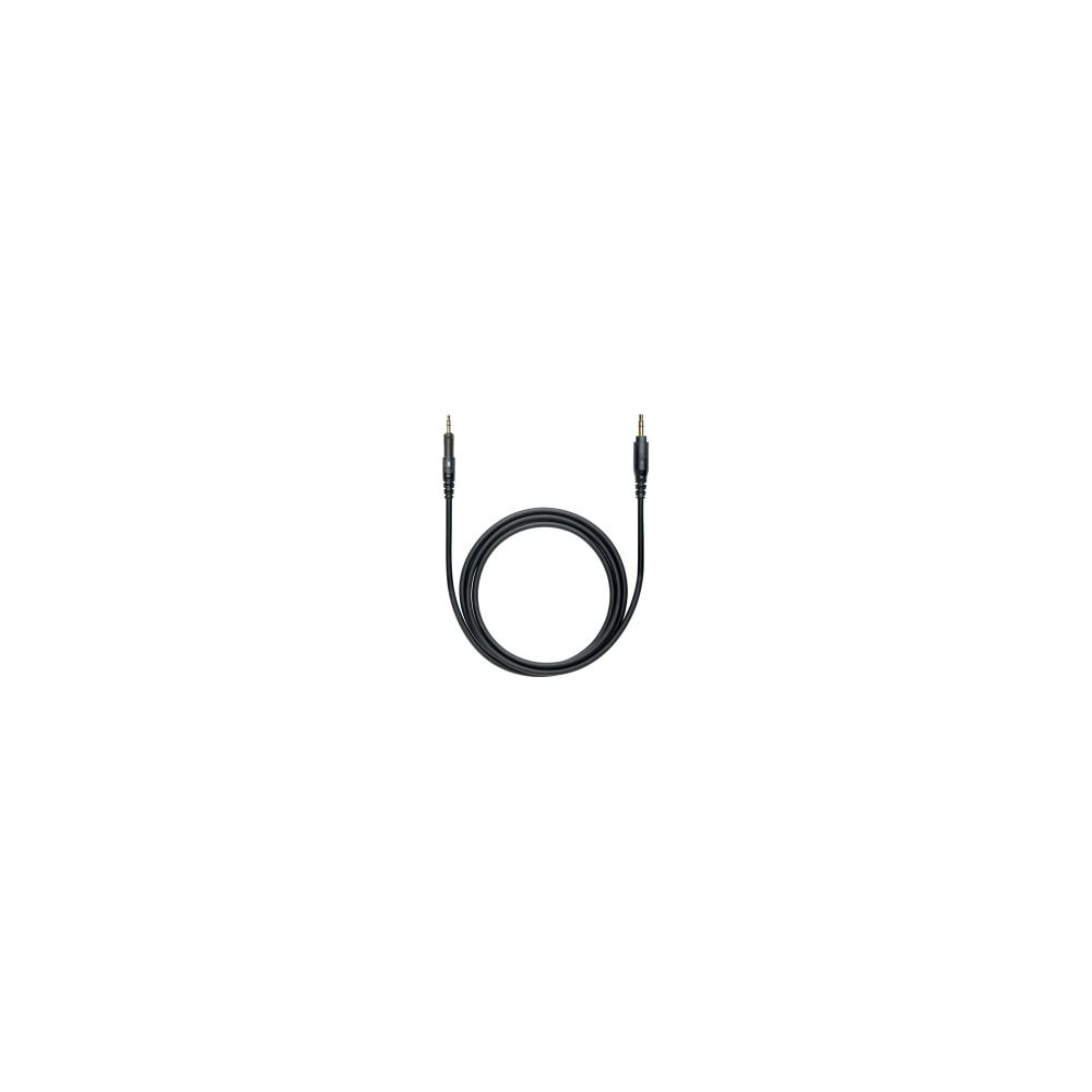 Een zwarte audiokabel met twee 3,5 mm aansluitingen, in een cirkel gerold.