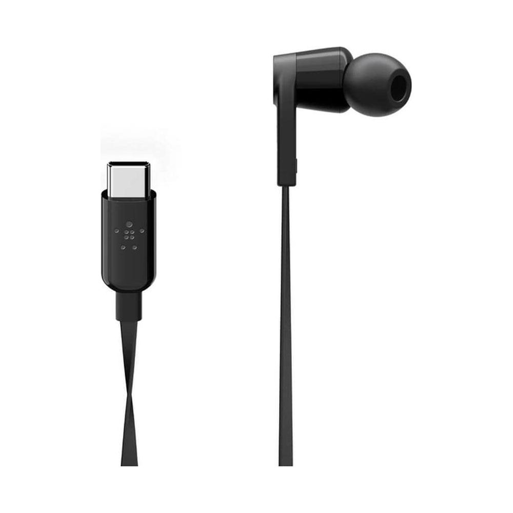 Écouteurs intra-auriculaires noirs avec connecteur USB-C et embout.