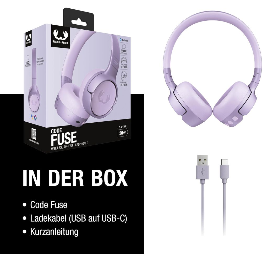 Lila Kopfhörer der Marke Fresh Rebel, Verpackung und Ladekabel.