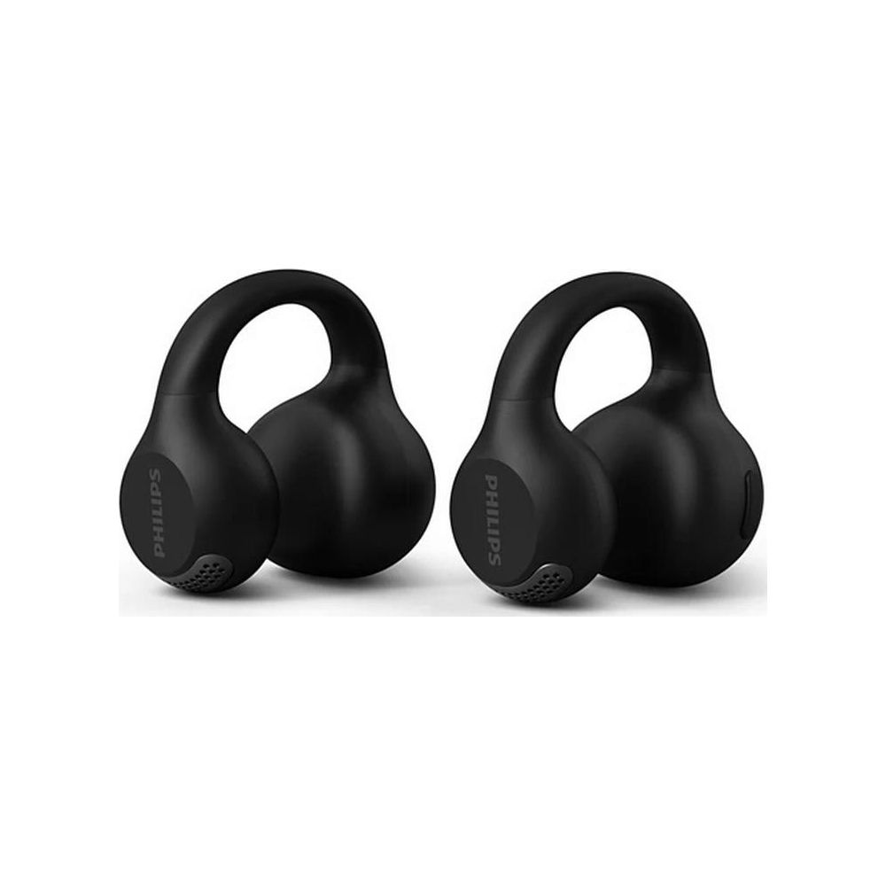 Dwa czarne słuchawki Philips z haczykami, na białym tle.