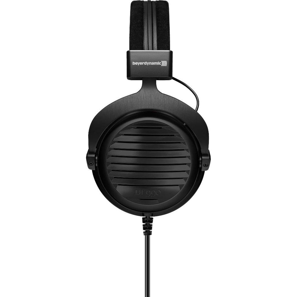 Czarne słuchawki Beyerdynamic DT 990 z wyściełanym pałąkiem i okrągłymi nausznikami.