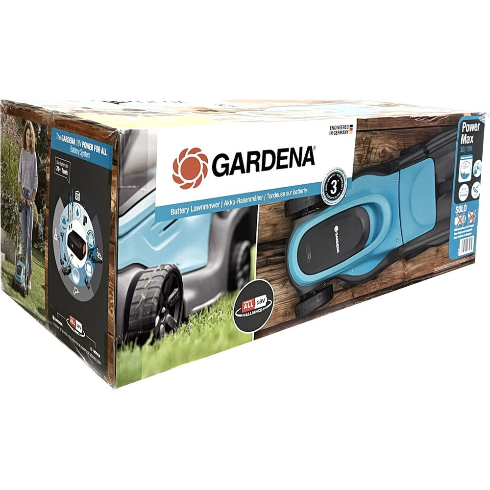 GARDENA Akku-Rasenmäher-Verpackung mit Produktabbildung und technischen Details.