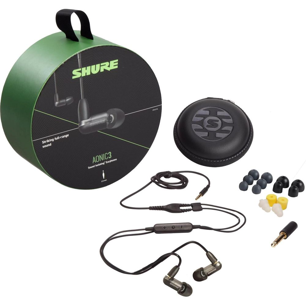 Écouteurs Shure AONIC3 avec étui, accessoires et emballage.