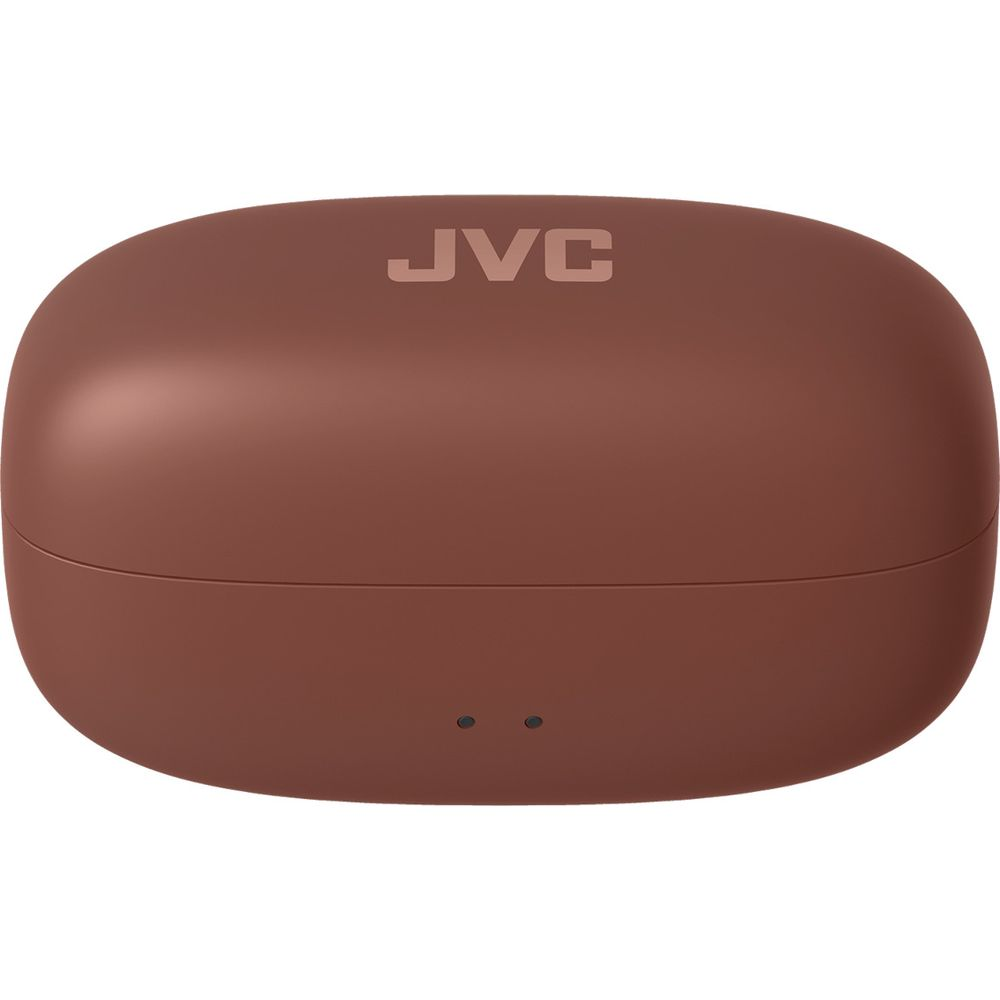 Brązowe etui ładujące JVC z dwoma lampkami wskaźnikowymi z przodu.