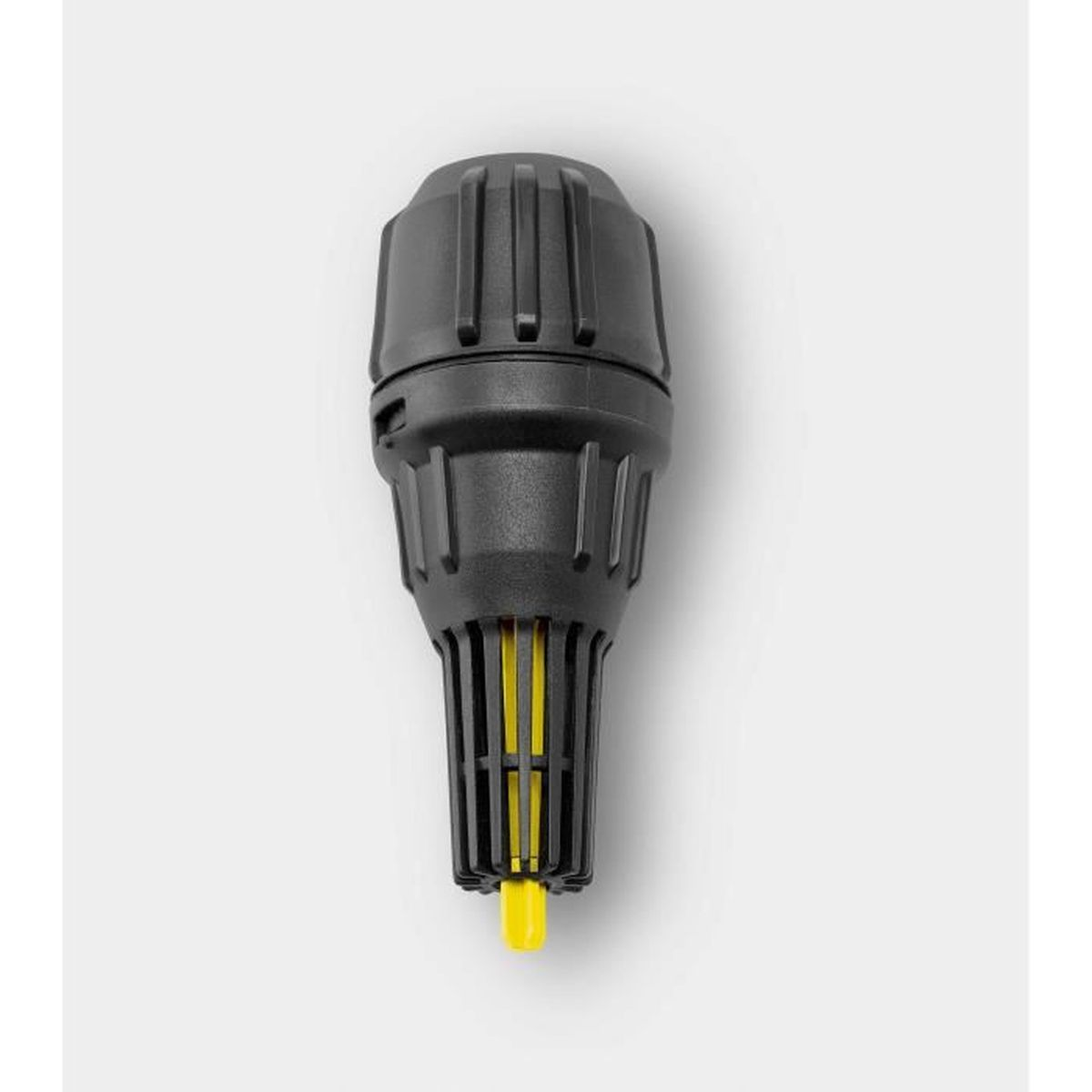 Czarny plastikowy element z żółtymi detalami, na szarym tle.