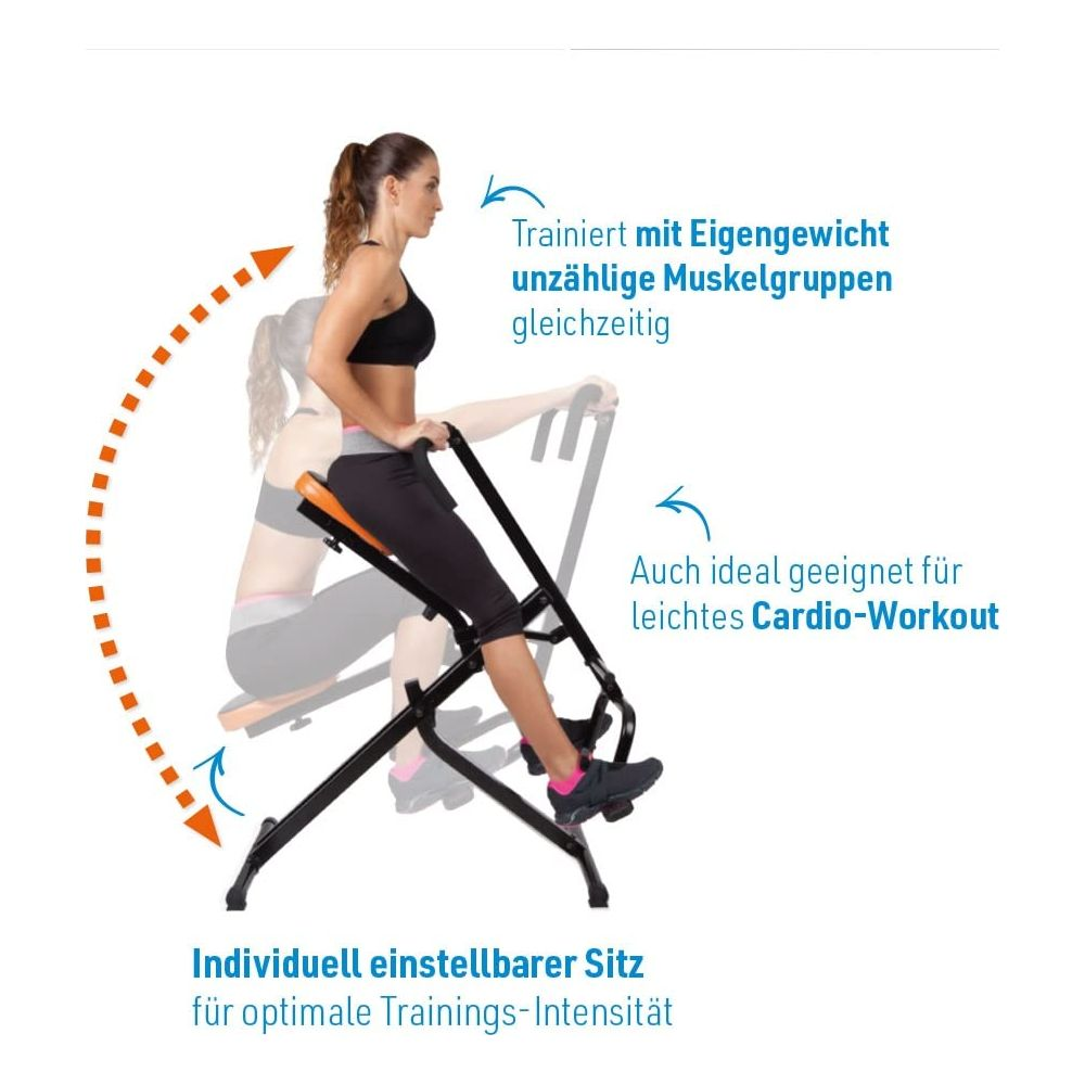 Donna si allena su un attrezzo fitness per cardio e costruzione muscolare.