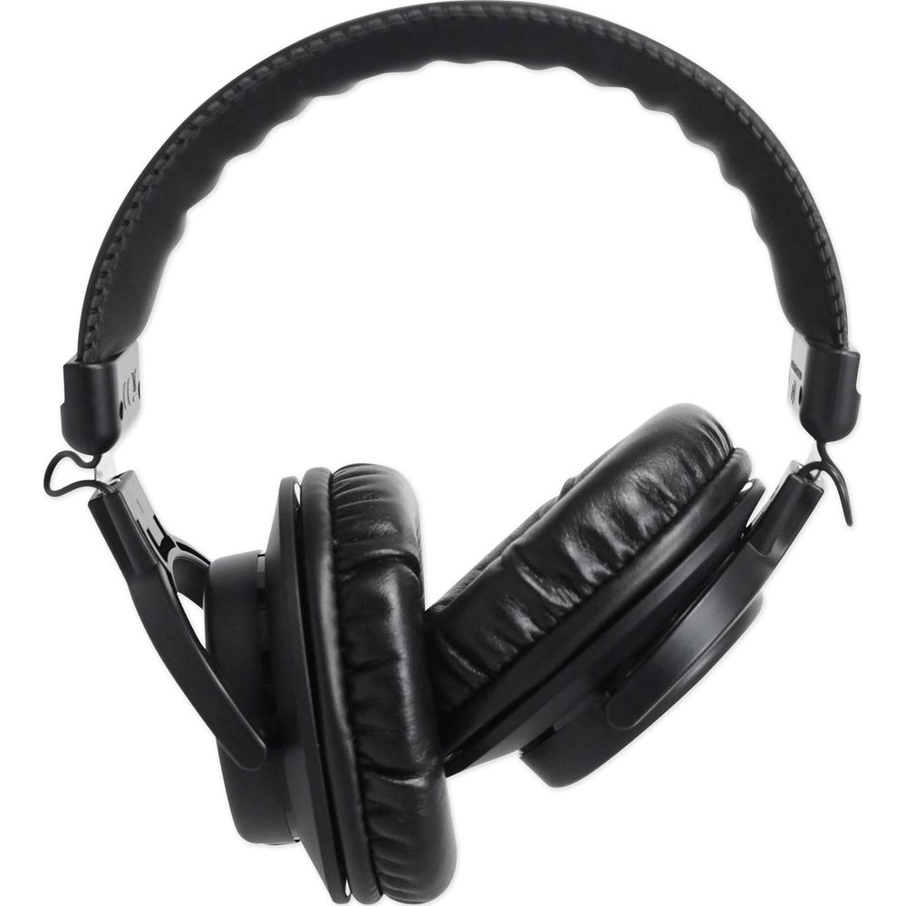 Czarne słuchawki nauszne z wyściełanym pałąkiem i nausznikami.