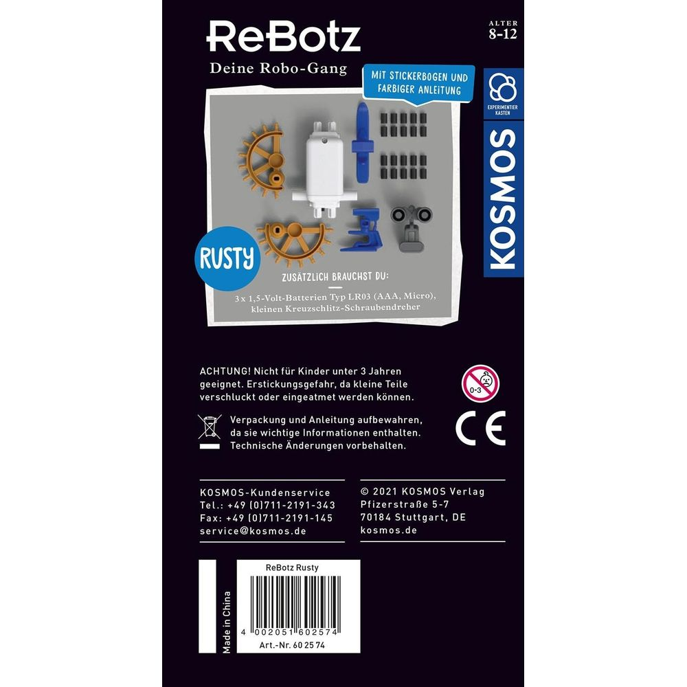 Kit ReBotz Rusty avec pièces, autocollants, instructions. Nécessite piles et tournevis.