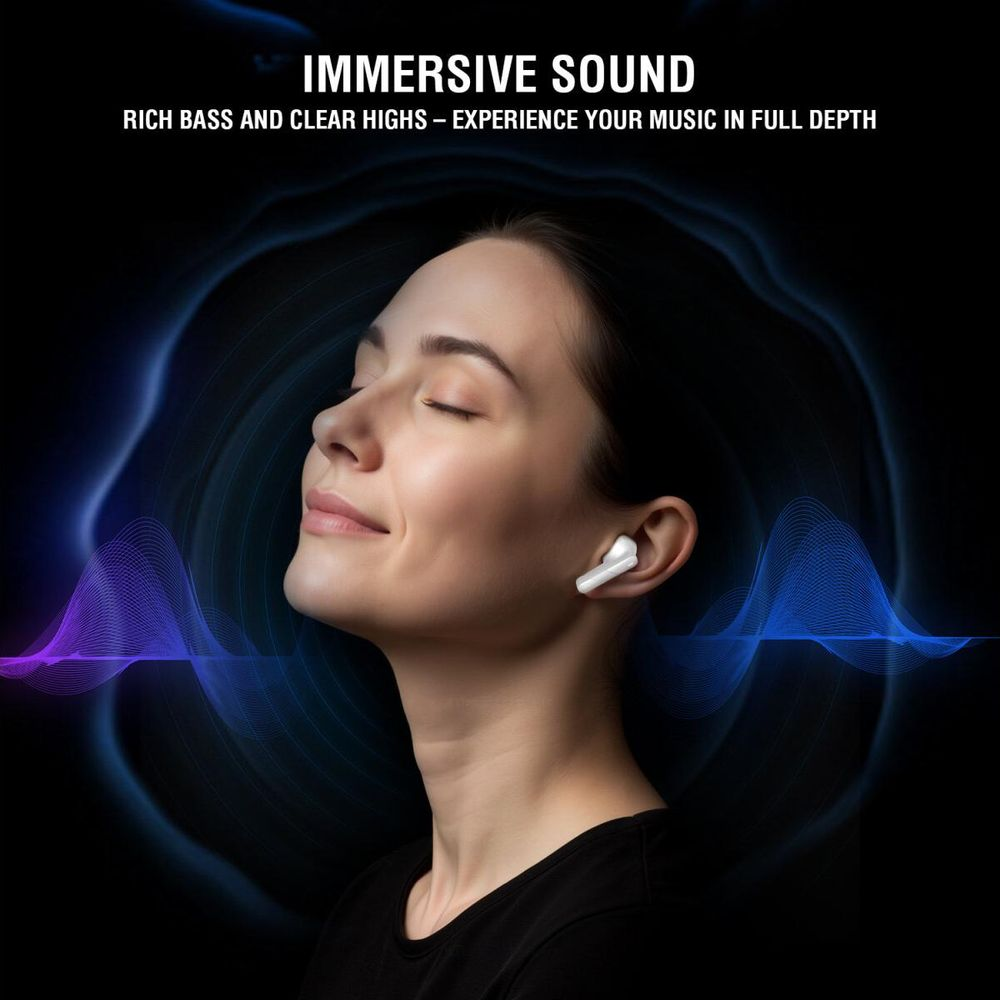 Kobieta z zamkniętymi oczami i słuchawkami, otoczona falami dźwiękowymi.