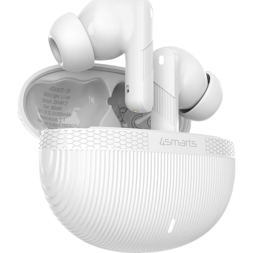 White wireless earbuds with charging case. Details on case.