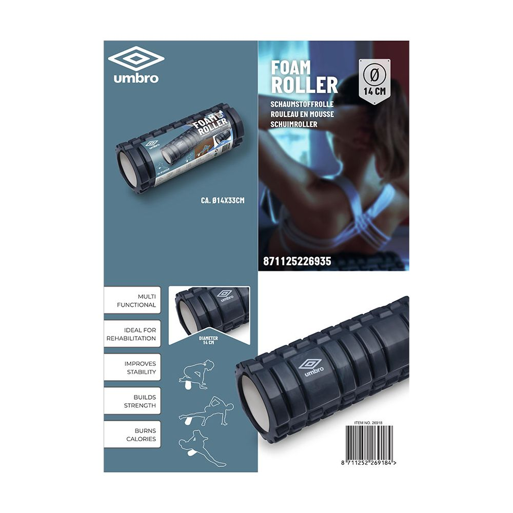 Umbro foam roller, 14x33cm, met oefeningsiconen en tekst.