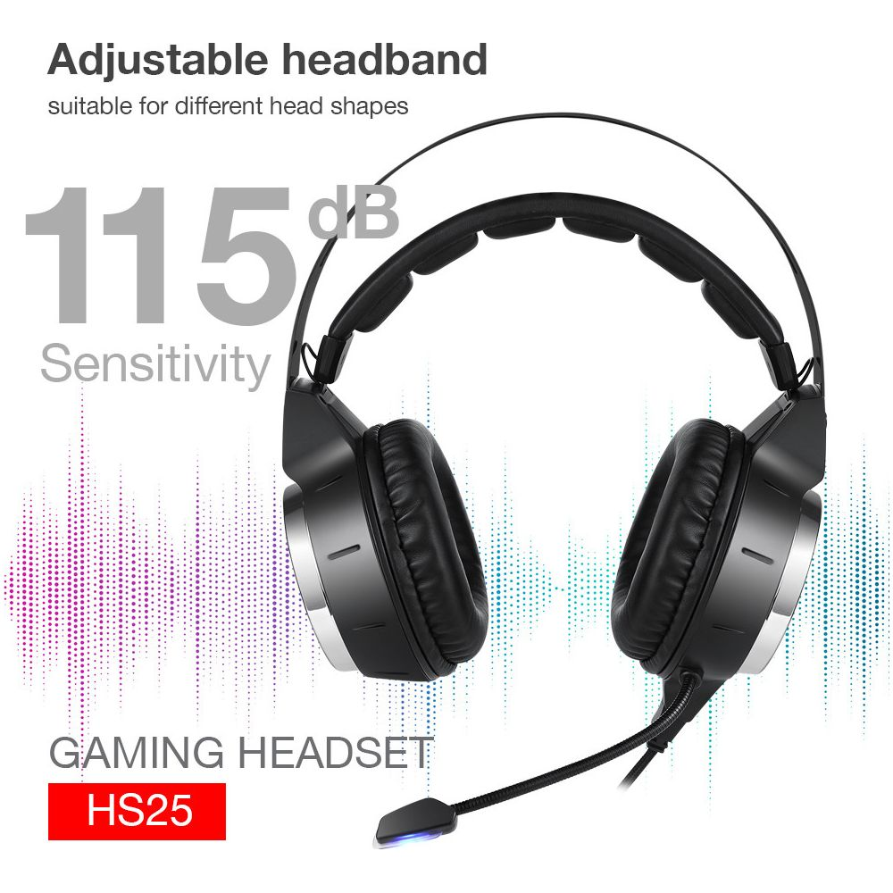 Casque gaming noir 115 dB de sensibilité, serre-tête réglable.