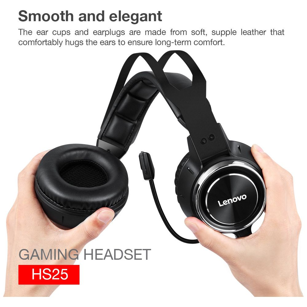 Casque gaming Lenovo noir avec microphone, tenu par des mains.